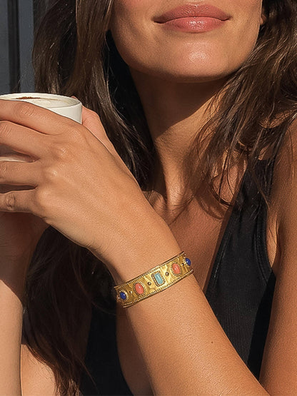 Delaney 18K Gold Non-Tarnish Colorful Stone Cuff Bracelet