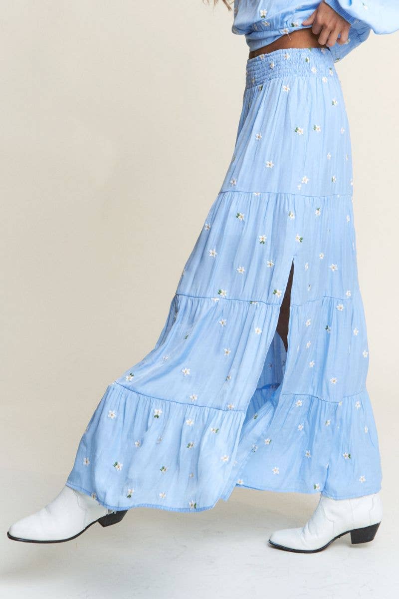 Tiered Floral Embroidered Side Slit Skirt