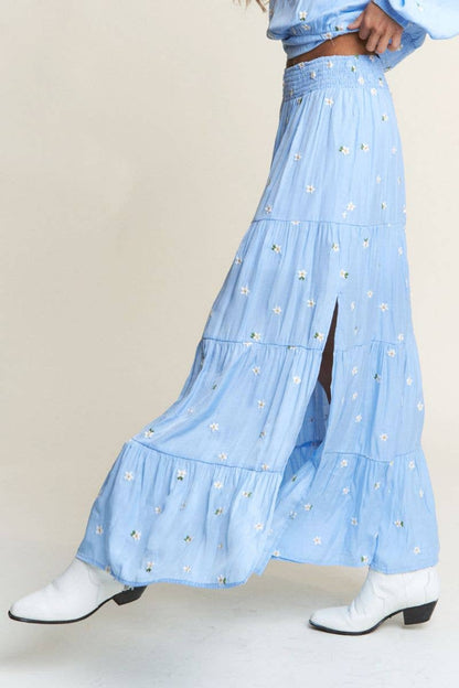 Tiered Floral Embroidered Side Slit Skirt