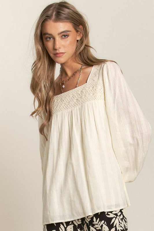 Lace Square Neck Long Sleeve Top