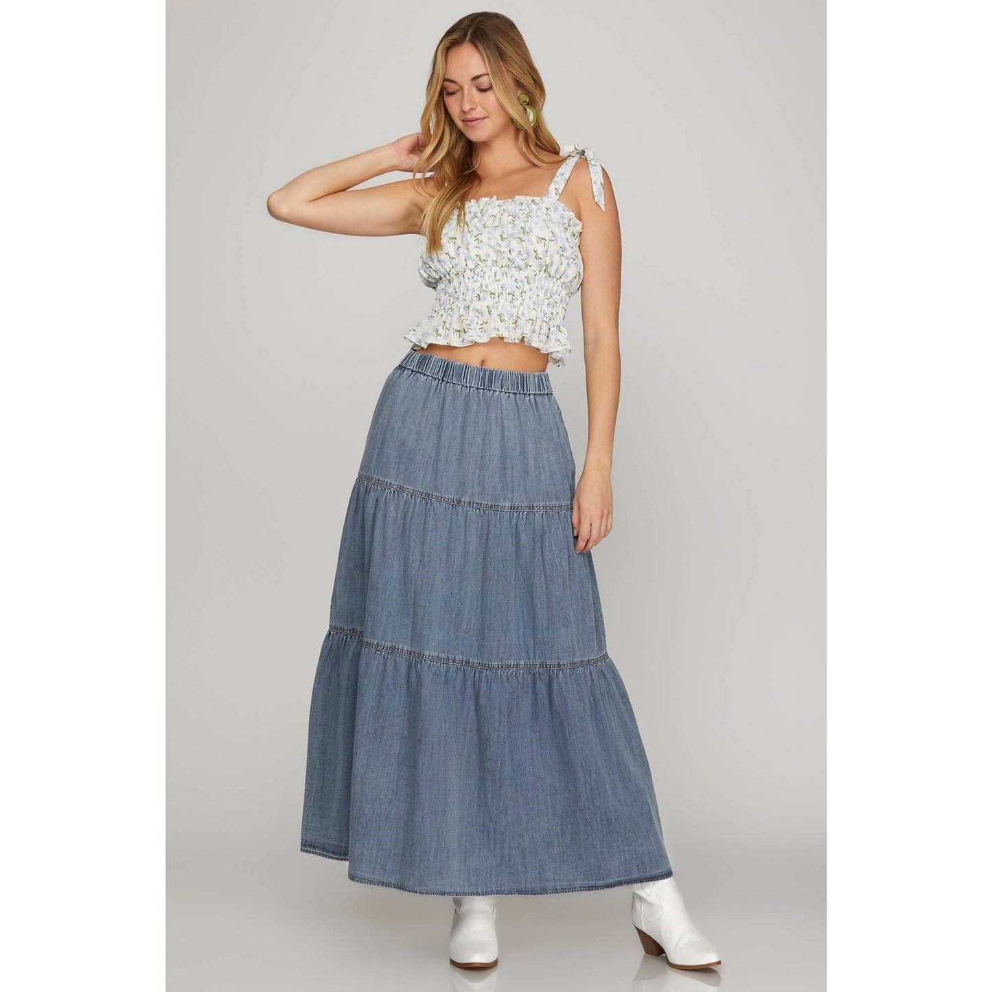 Washed Denim Tiered Long Skirt