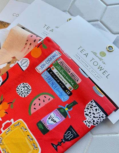 Colorful Wild Cats Cotton Tea Towel with Embroidered Detail