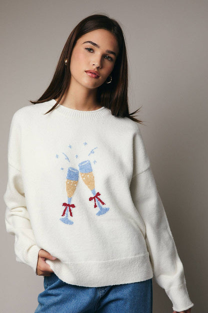 ROUND NECK LONG SLEEVE CHAMPAGNE GRAPHIC SWEATER