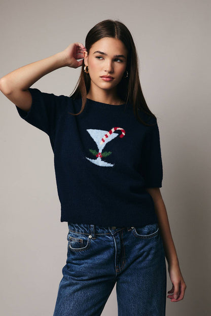 Round Neck Short Sleeve "COCKTAIL" Graphic Sweater Top