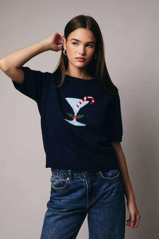 Round Neck Short Sleeve "COCKTAIL" Graphic Sweater Top
