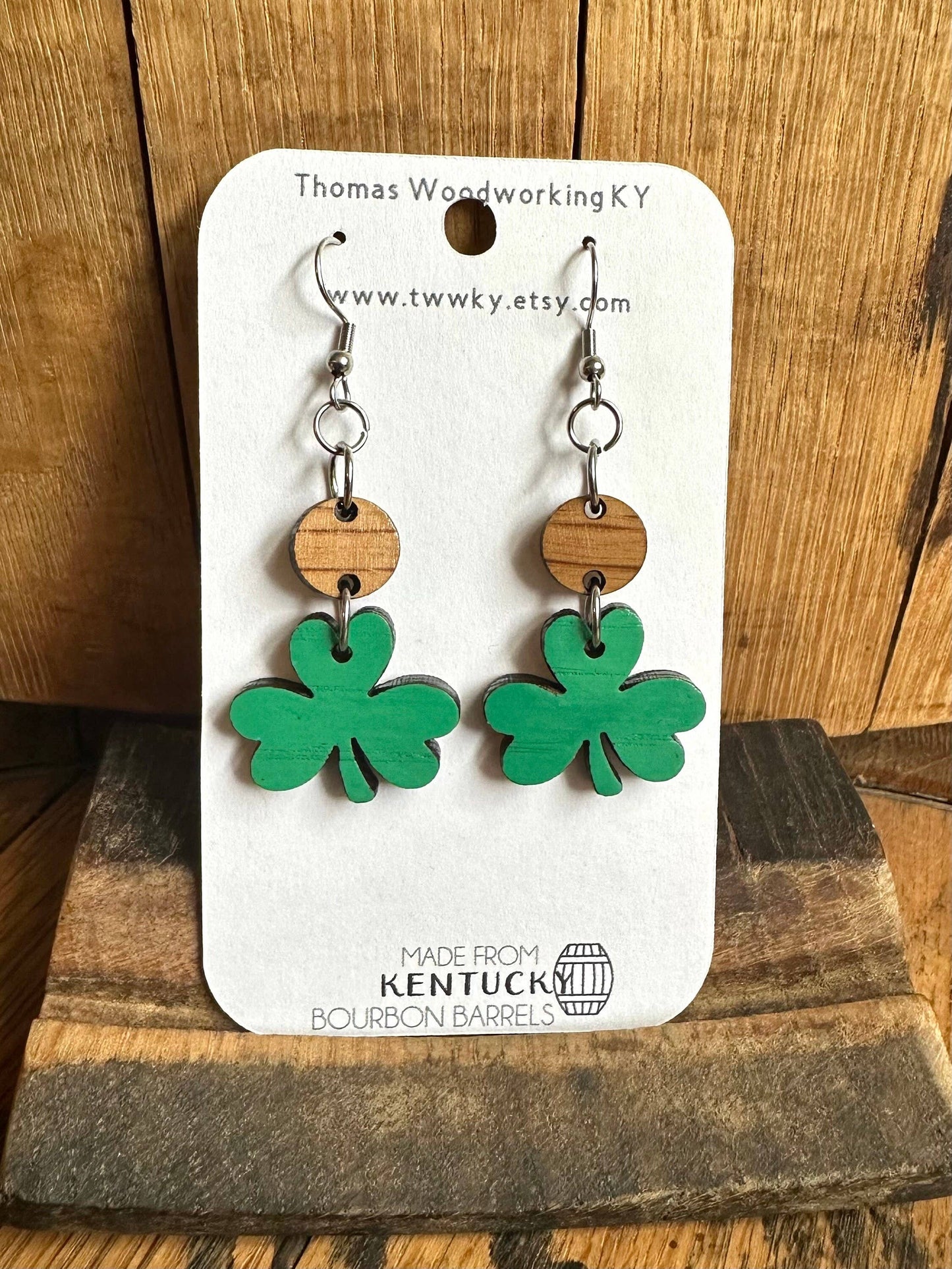 Kentucky Bourbon Barrel Shamrock Dangle Earrings