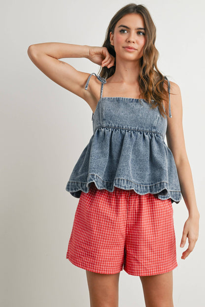 Denim Tie-Strap Peplum Top