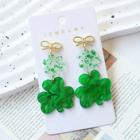 Gold Bow Shamrock St. Patricks Day Earrings