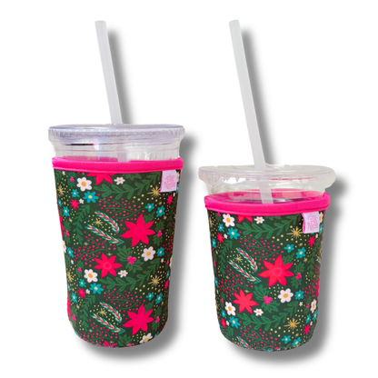 Coffee Cup Cover - Holiday Poinsettia Print- Drink Sleeve