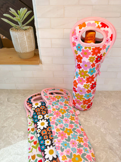 Insulated Wine Bag / Wine Gift Tote - Retro Floral