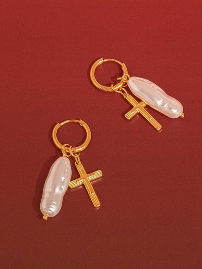 Bréline 18K Gold Non-Tarnish Cross Pearl Drop Earrings