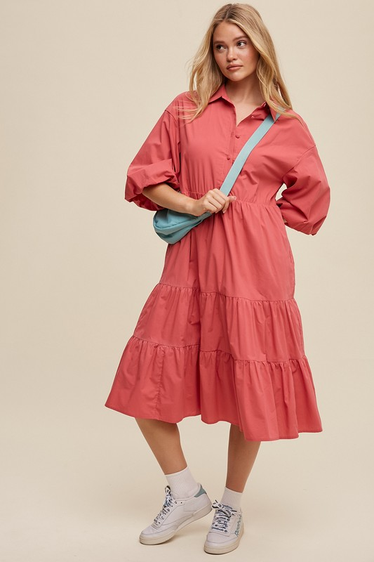 Button Front Tiered Babydoll Poplin Midi Dress